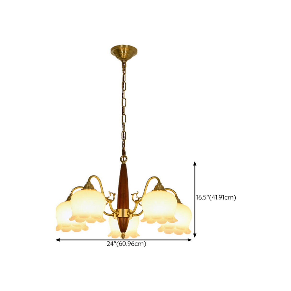 Vintage Brass 5 Lights White Glass Flower Round Chandelier 