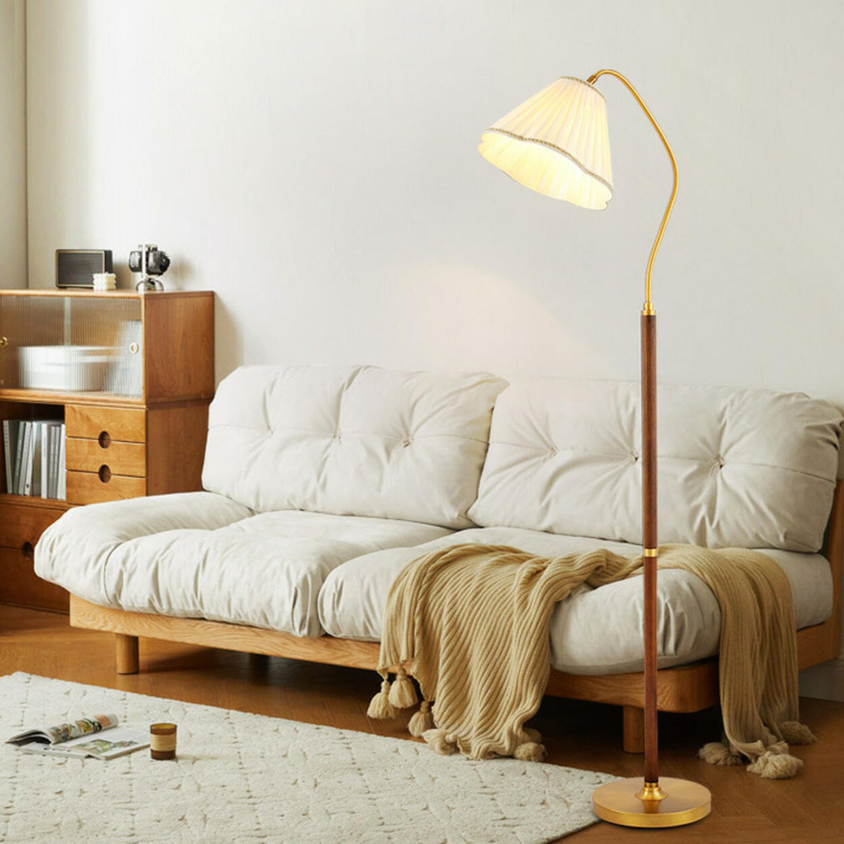 Vintage Brass and Wood Arced Pleated Fabric Floor Lamp Image - 1