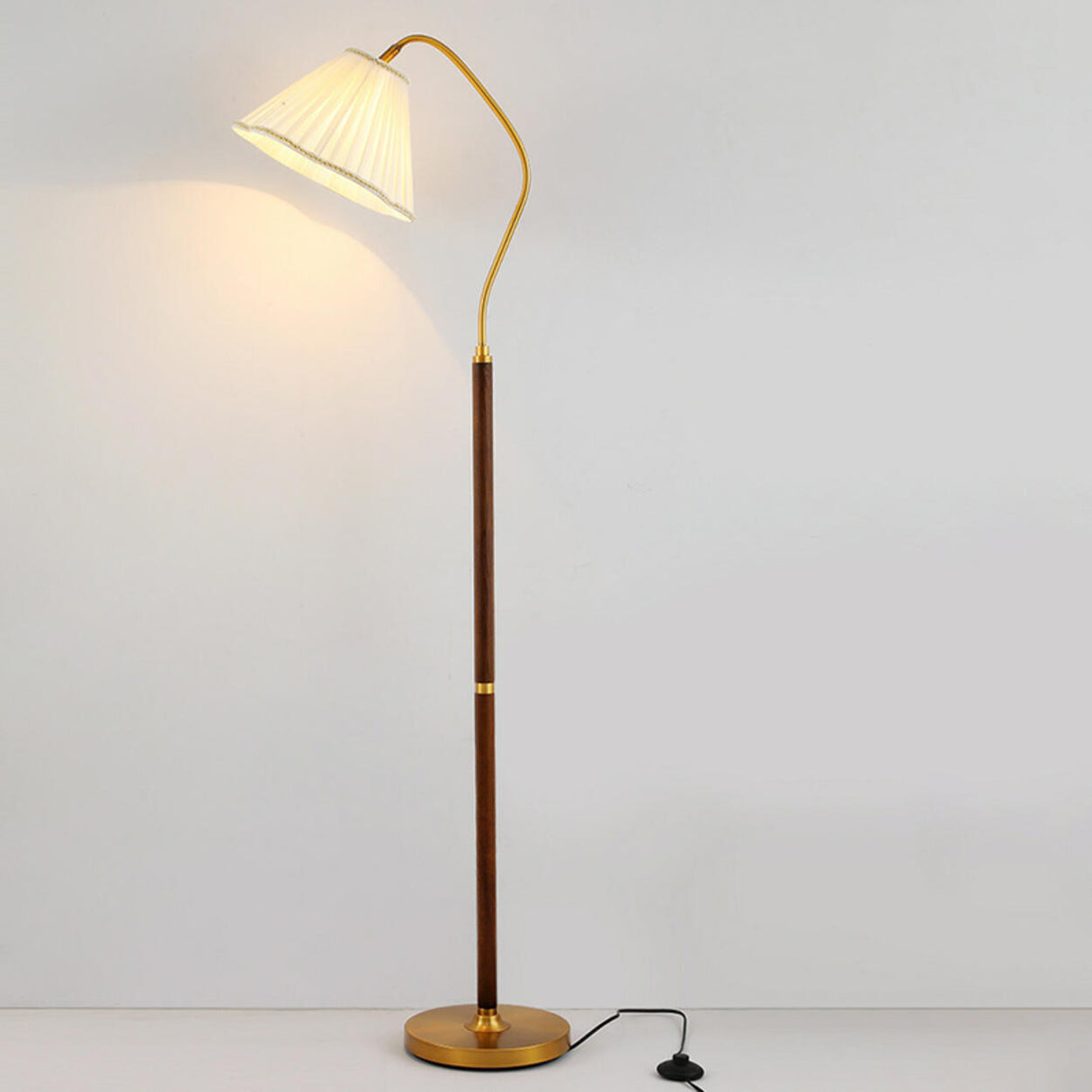 Vintage Brass and Wood Arced Pleated Fabric Floor Lamp Image - 10