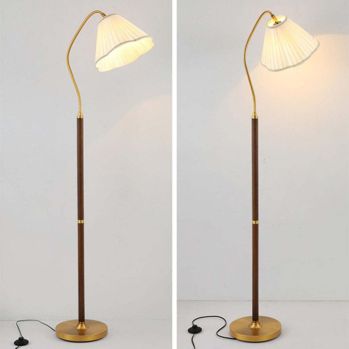 Vintage Brass and Wood Arced Pleated Fabric Floor Lamp Image - 11