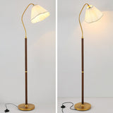 Vintage Brass and Wood Arced Pleated Fabric Floor Lamp Image - 11