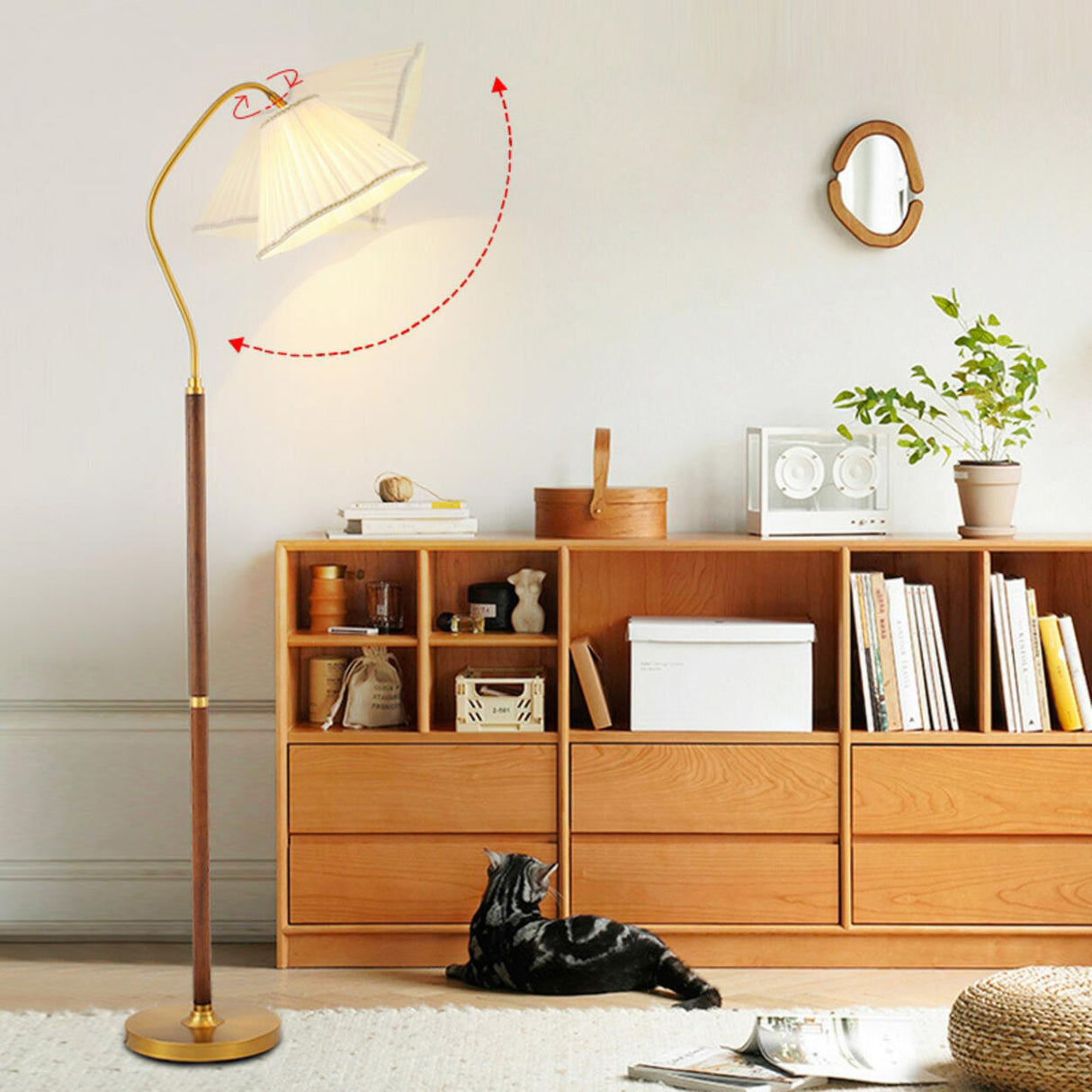 Vintage Brass and Wood Arced Pleated Fabric Floor Lamp Image - 12