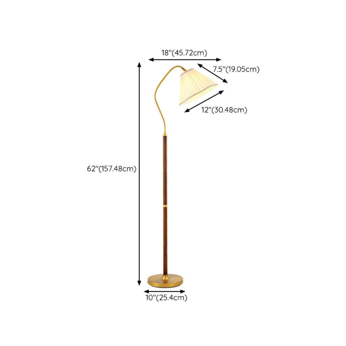 Vintage Brass and Wood Arced Pleated Fabric Floor Lamp 
