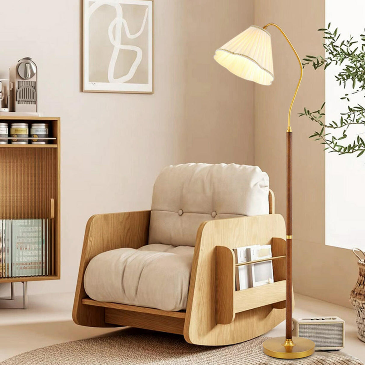 Vintage Brass and Wood Arced Pleated Fabric Floor Lamp Image - 2