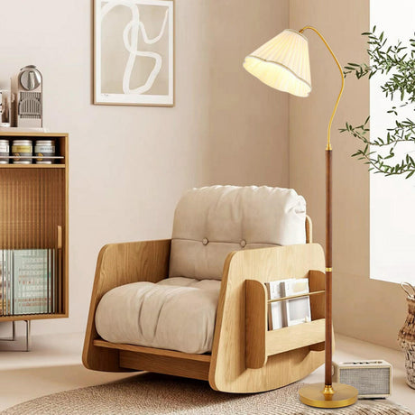 Vintage Brass and Wood Arced Pleated Fabric Floor Lamp Image - 2