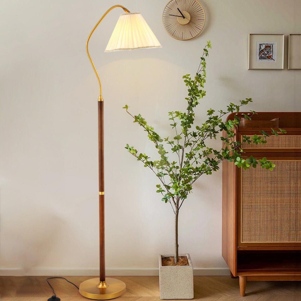 Vintage Brass and Wood Arced Pleated Fabric Floor Lamp Image - 3