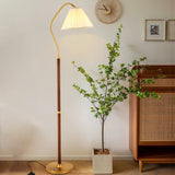 Vintage Brass and Wood Arced Pleated Fabric Floor Lamp Image - 3