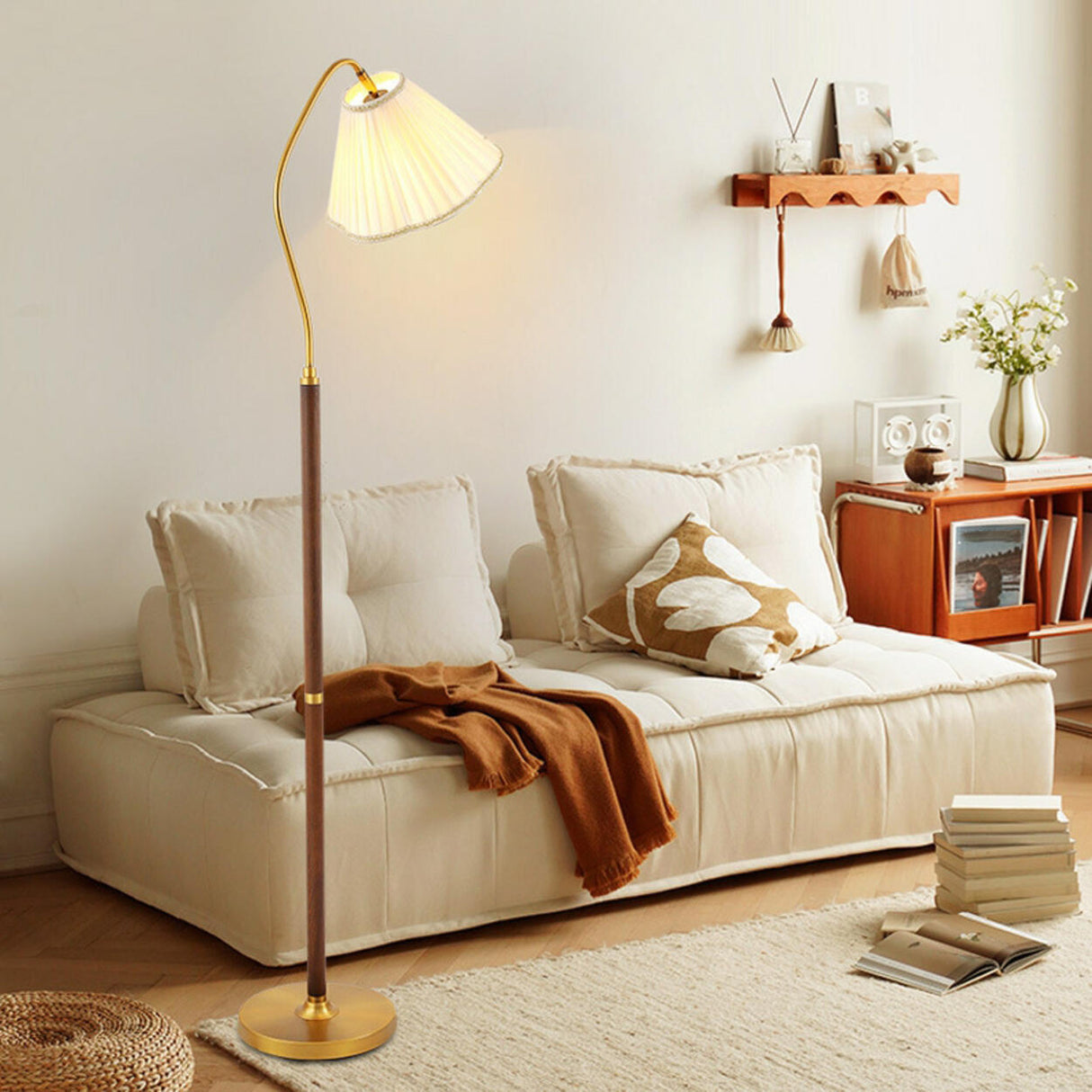 Vintage Brass and Wood Arced Pleated Fabric Floor Lamp Image - 4