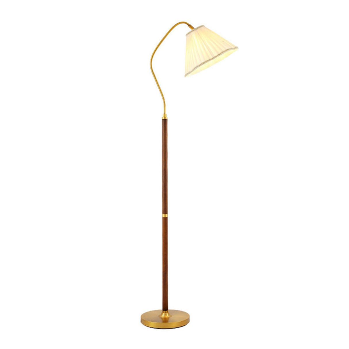 Vintage Brass and Wood Arced Pleated Fabric Floor Lamp Image - 5