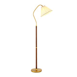 Vintage Brass and Wood Arced Pleated Fabric Floor Lamp Image - 5