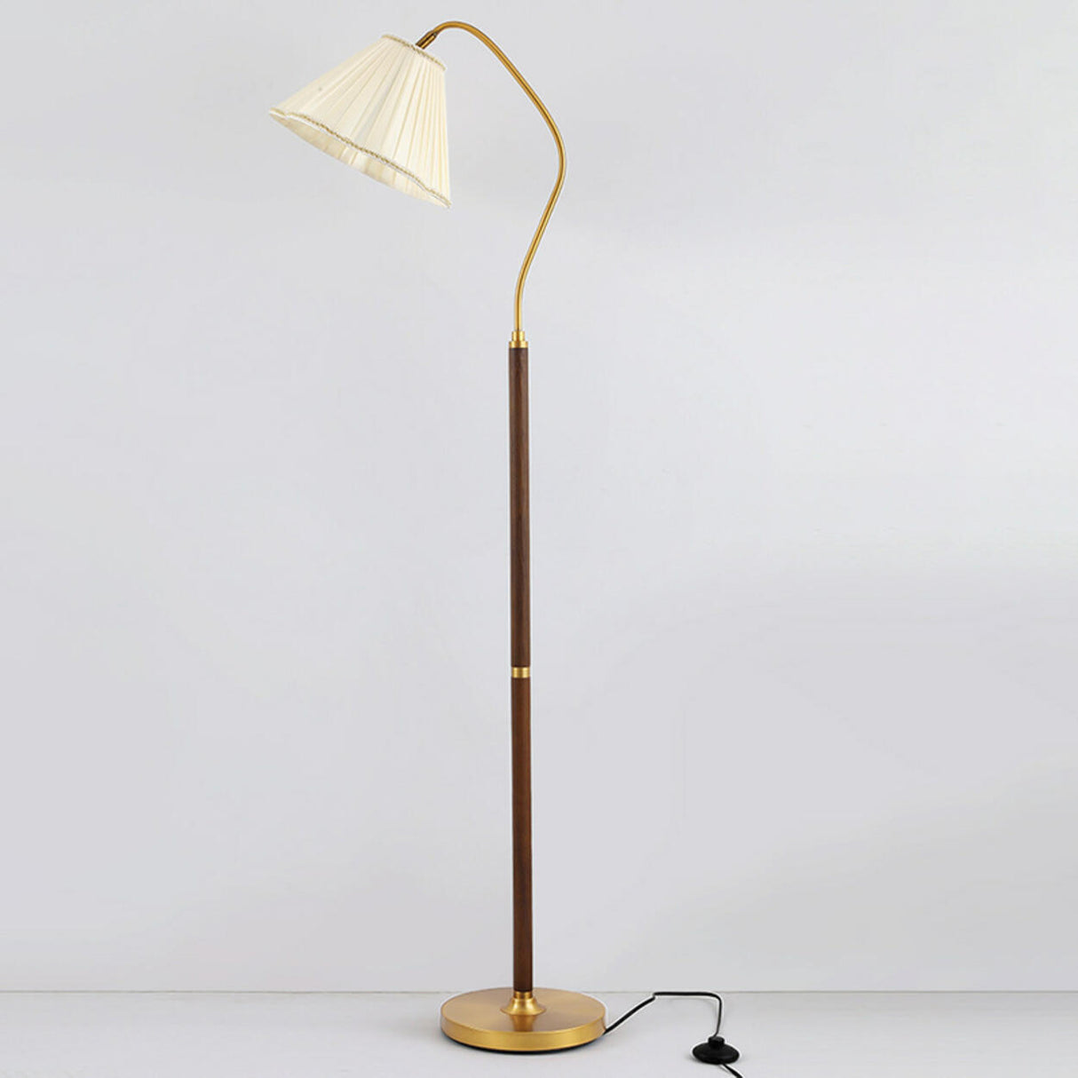Vintage Brass and Wood Arced Pleated Fabric Floor Lamp Image - 9