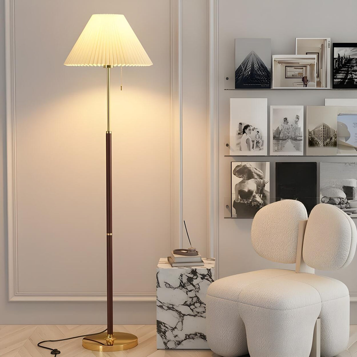 Vintage Brass Beige Floral Living Room Floor Lamp Image - 11