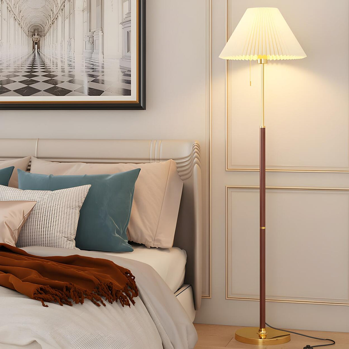 Vintage Brass Beige Floral Living Room Floor Lamp Image - 12