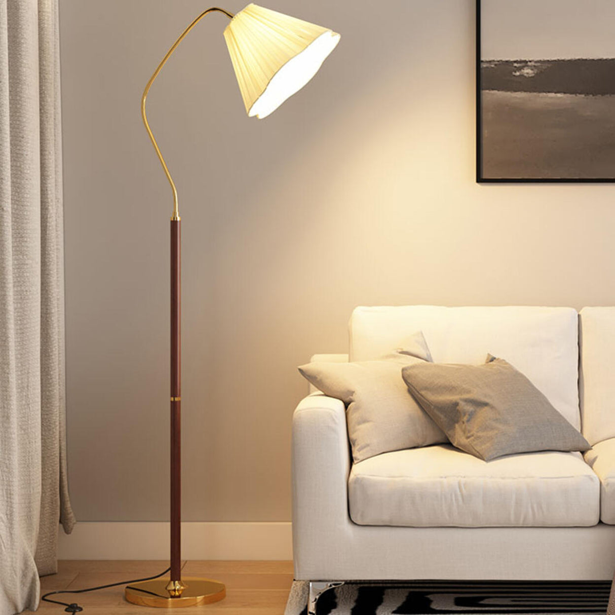 Vintage Brass Beige Floral Living Room Floor Lamp Image - 4