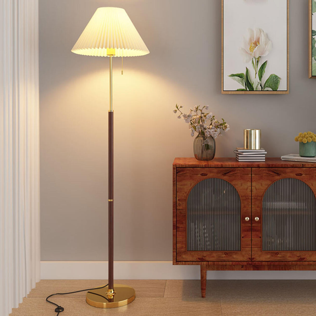 Vintage Brass Beige Floral Living Room Floor Lamp Image - 5