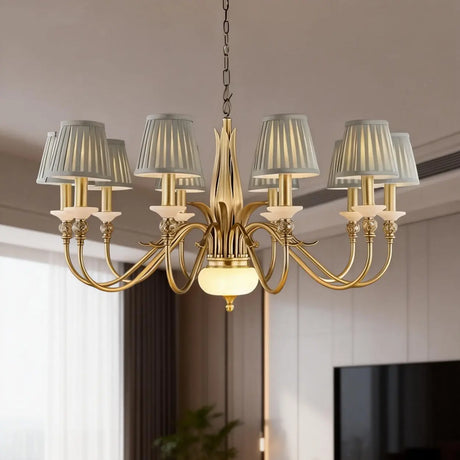 Vintage Brass Branch Curved Arm Blue Fabric Shade Chandelier Image - 1