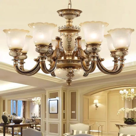 Vintage Brass Chandelier with Frosted Glass Shades, 8-Light Image - 4