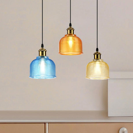 Vintage Brass Colorful Textured Glass Dome Pendant Lights Image - 2