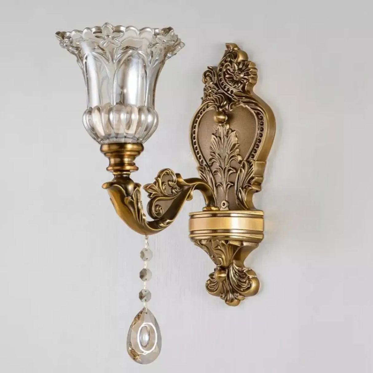 Vintage Brass Crystal and Glass Flower Wall Sconce Image - 4