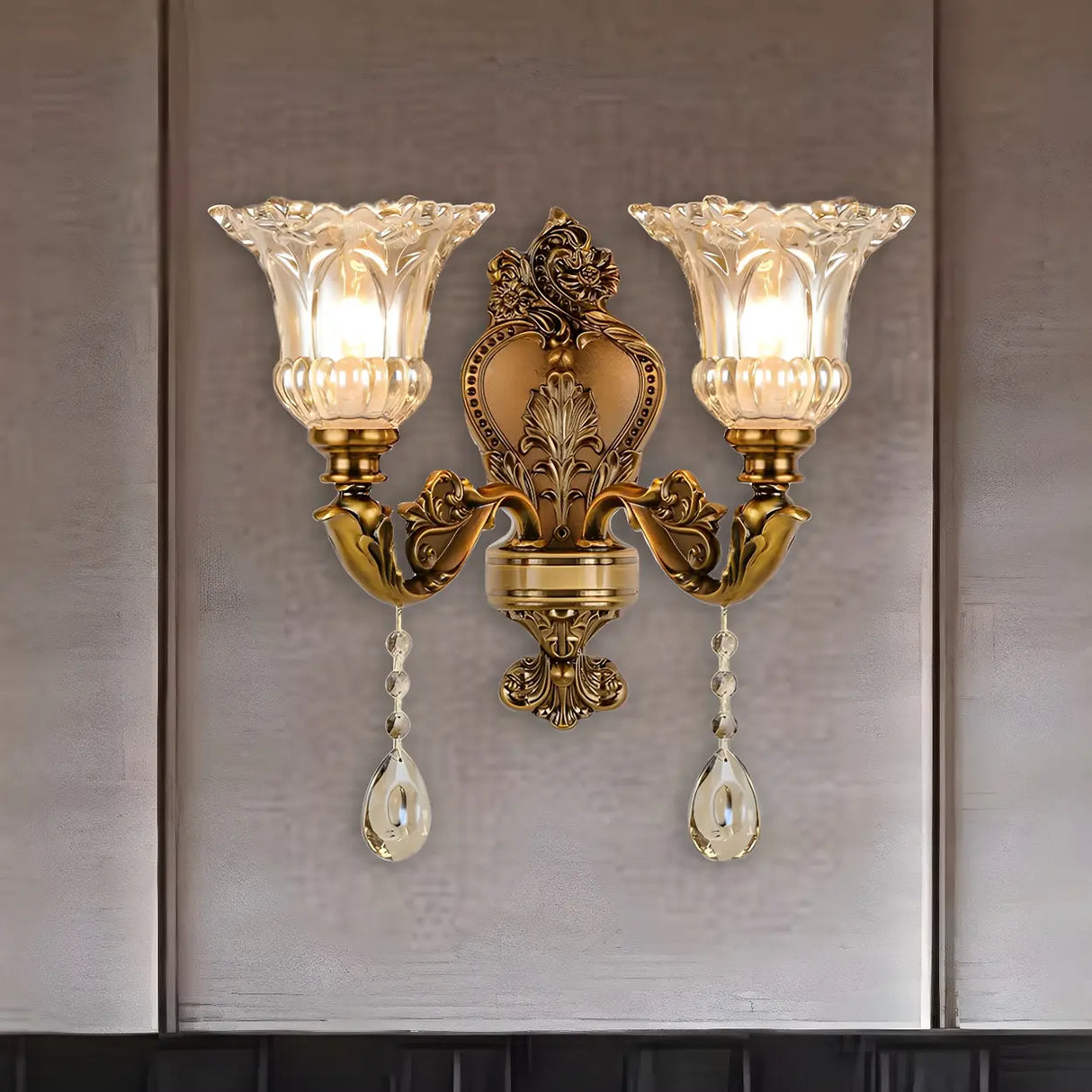 Vintage Brass Crystal and Glass Flower Wall Sconce Image - 2