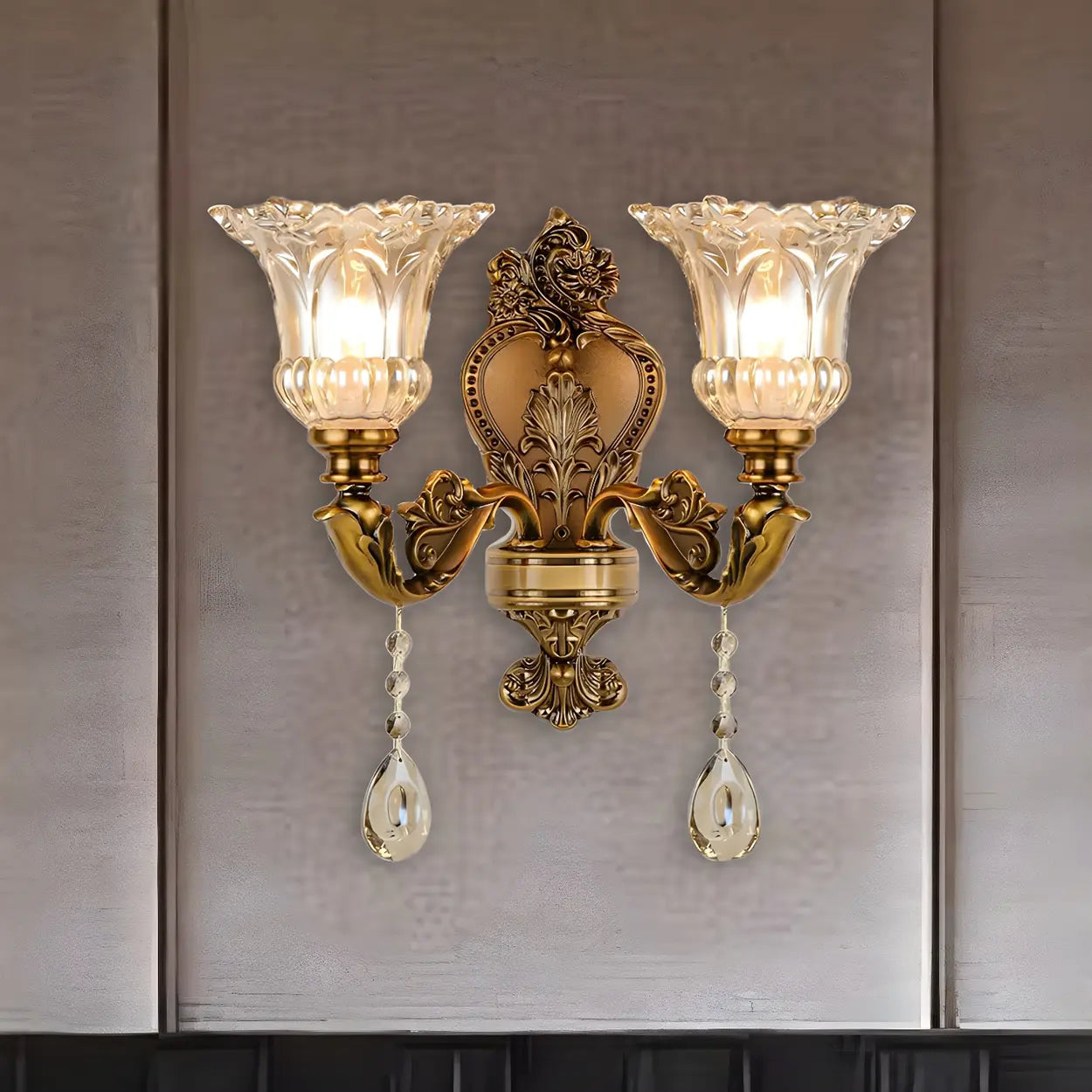 Vintage Brass Crystal and Glass Flower Wall Sconce Image - 2