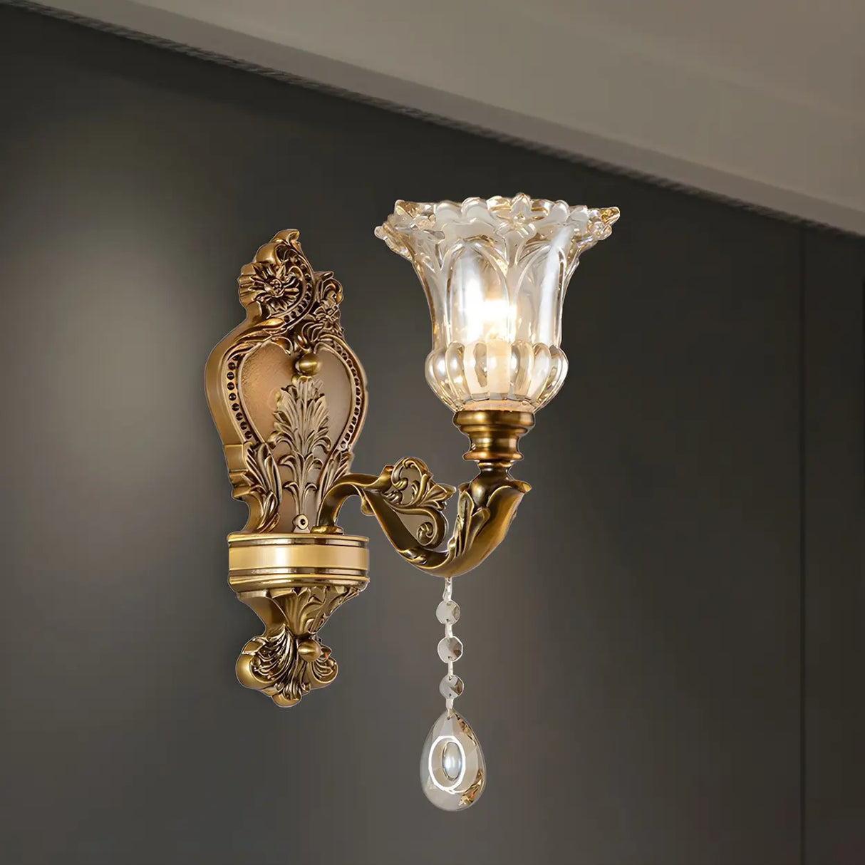 Vintage Brass Crystal and Glass Flower Wall Sconce Image - 9