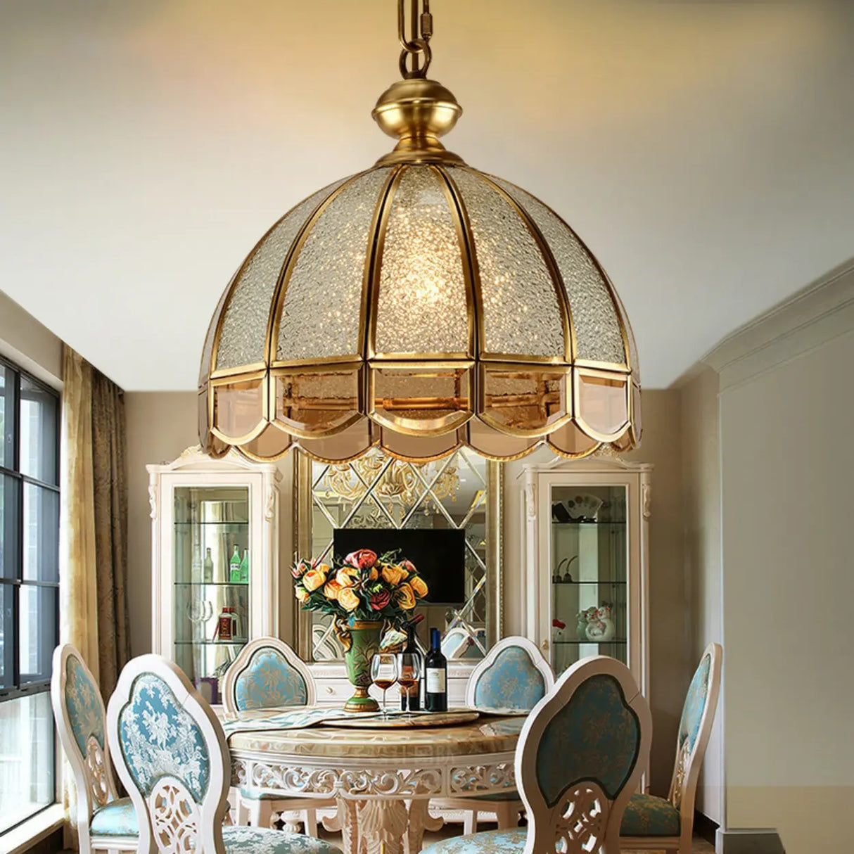 Vintage Brass Dome Gold and Clear Glass Pendant Light Image - 2