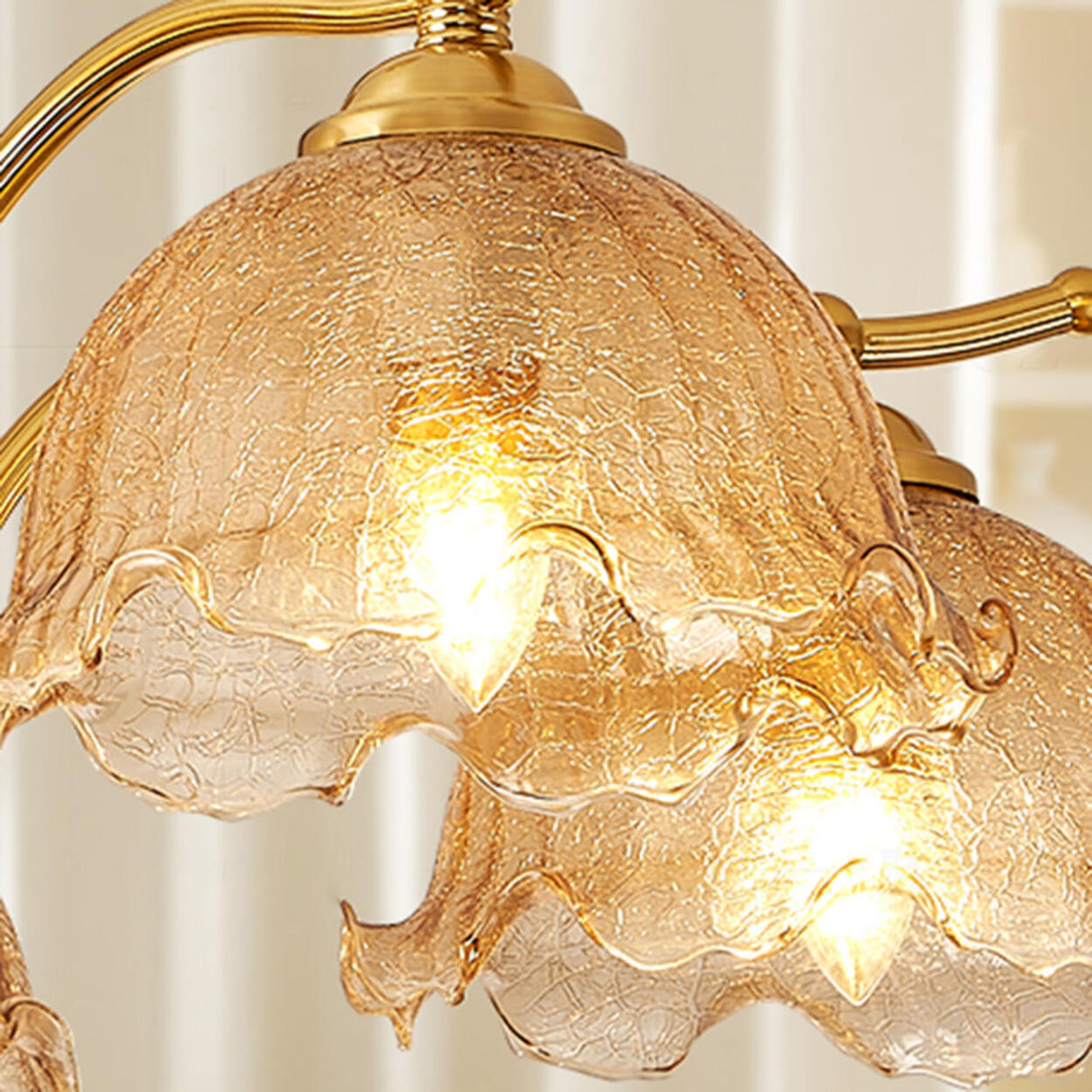 Vintage Brass Floral Amber Glass Chandelier Adjustable Chain Image - 10