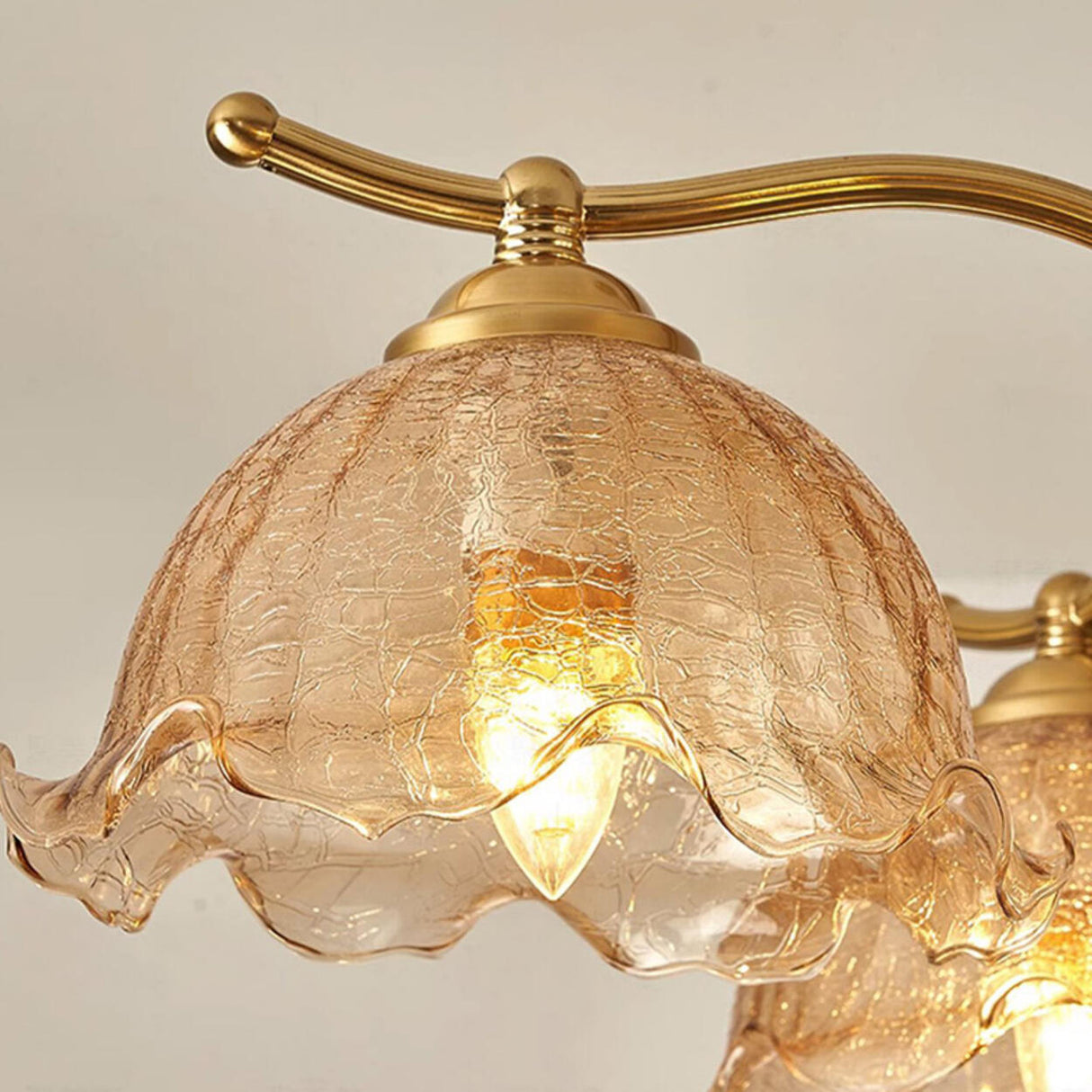 Vintage Brass Floral Amber Glass Chandelier Adjustable Chain Image - 11
