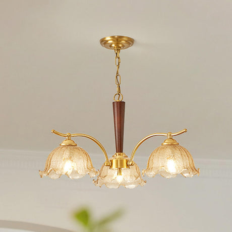 Vintage Brass Floral Amber Glass Chandelier Adjustable Chain Image - 2