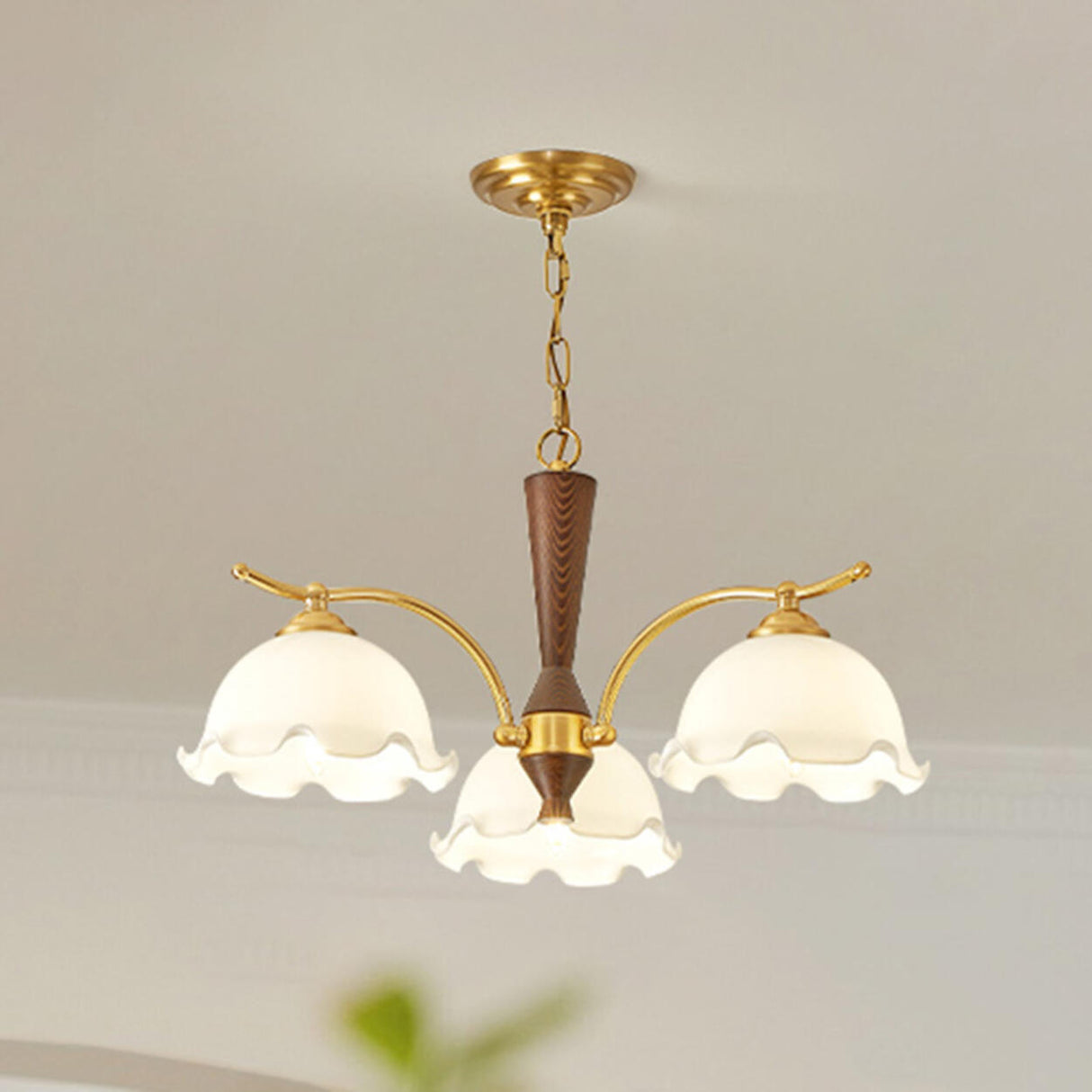Vintage Brass Floral Amber Glass Chandelier Adjustable Chain Image - 3