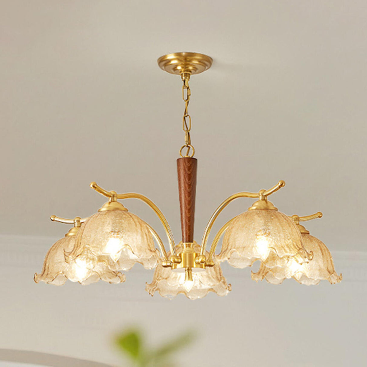 Vintage Brass Floral Amber Glass Chandelier Adjustable Chain Image - 5