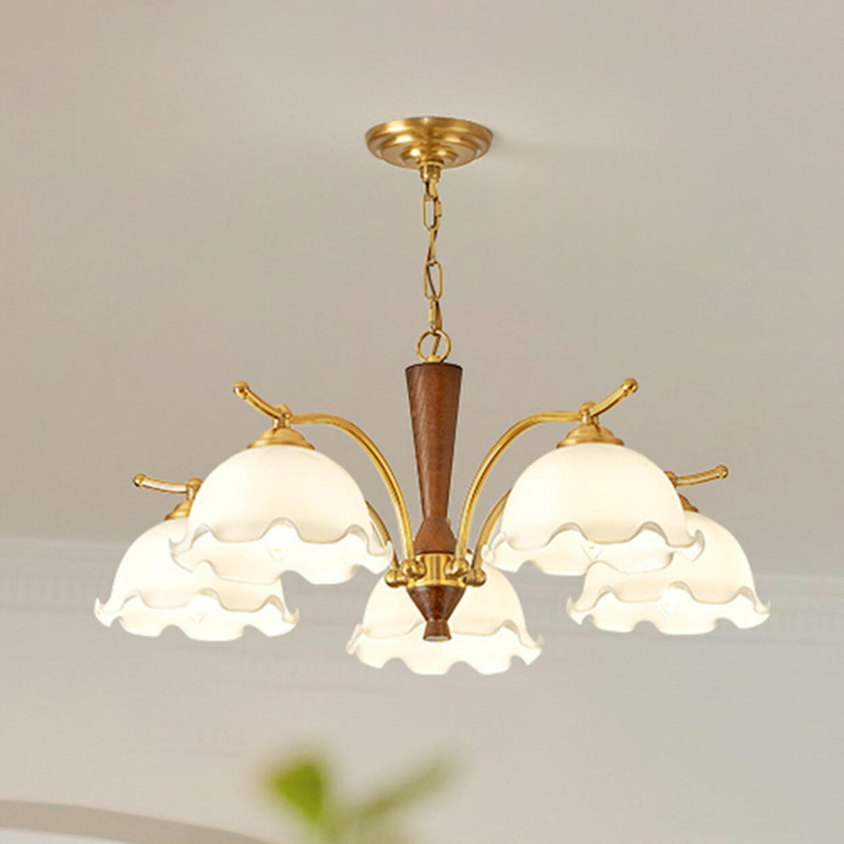 Vintage Brass Floral Amber Glass Chandelier Adjustable Chain Image - 7