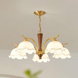 Vintage Brass Floral Amber Glass Chandelier Adjustable Chain Image - 7