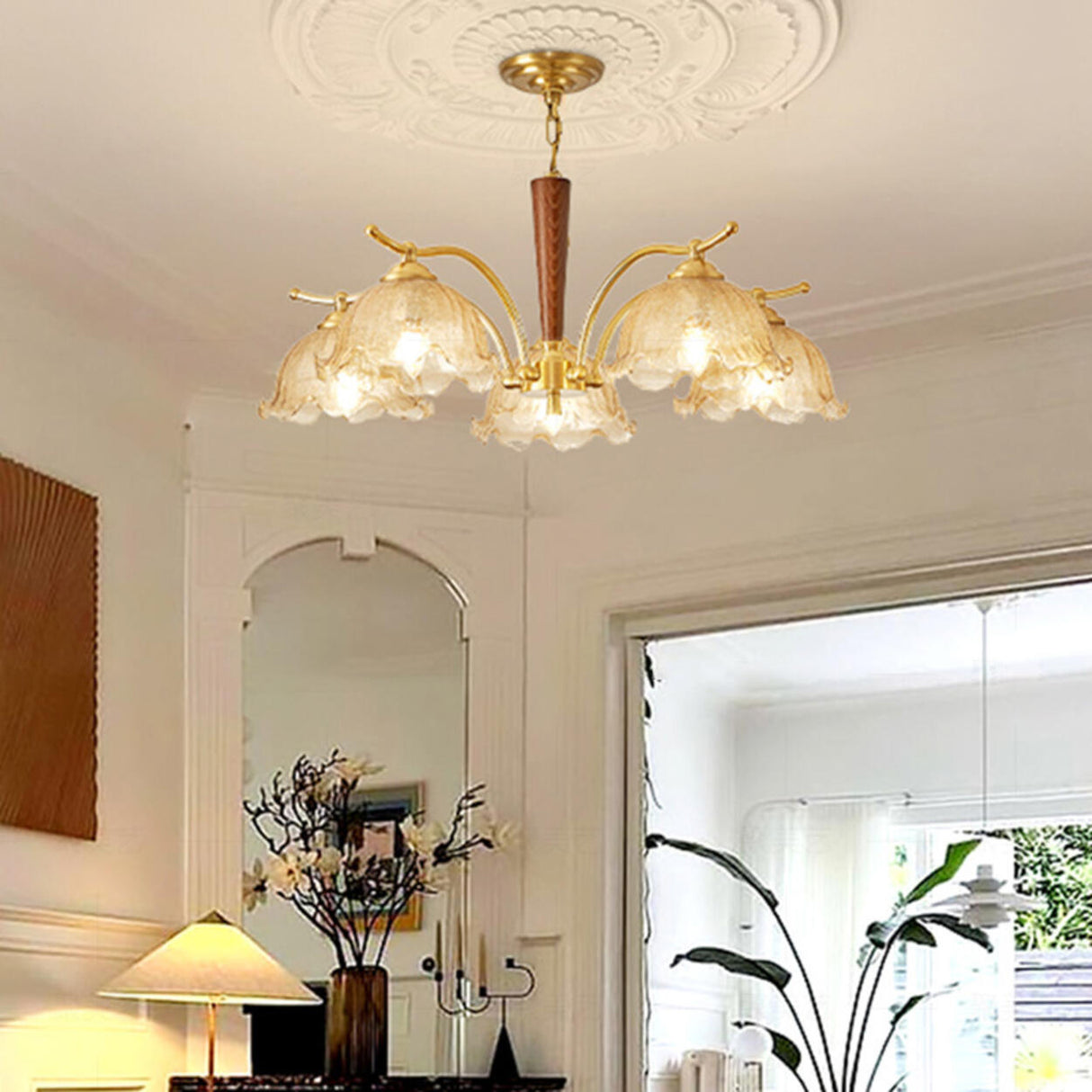 Vintage Brass Floral Amber Glass Chandelier Adjustable Chain Image - 8