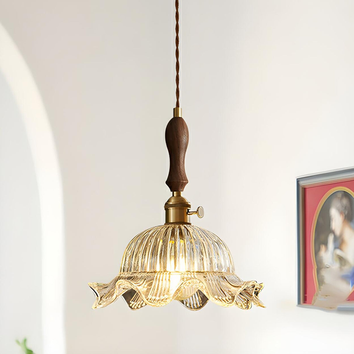 Vintage Brass Flower Clear Glass Pendant Light Image - 10