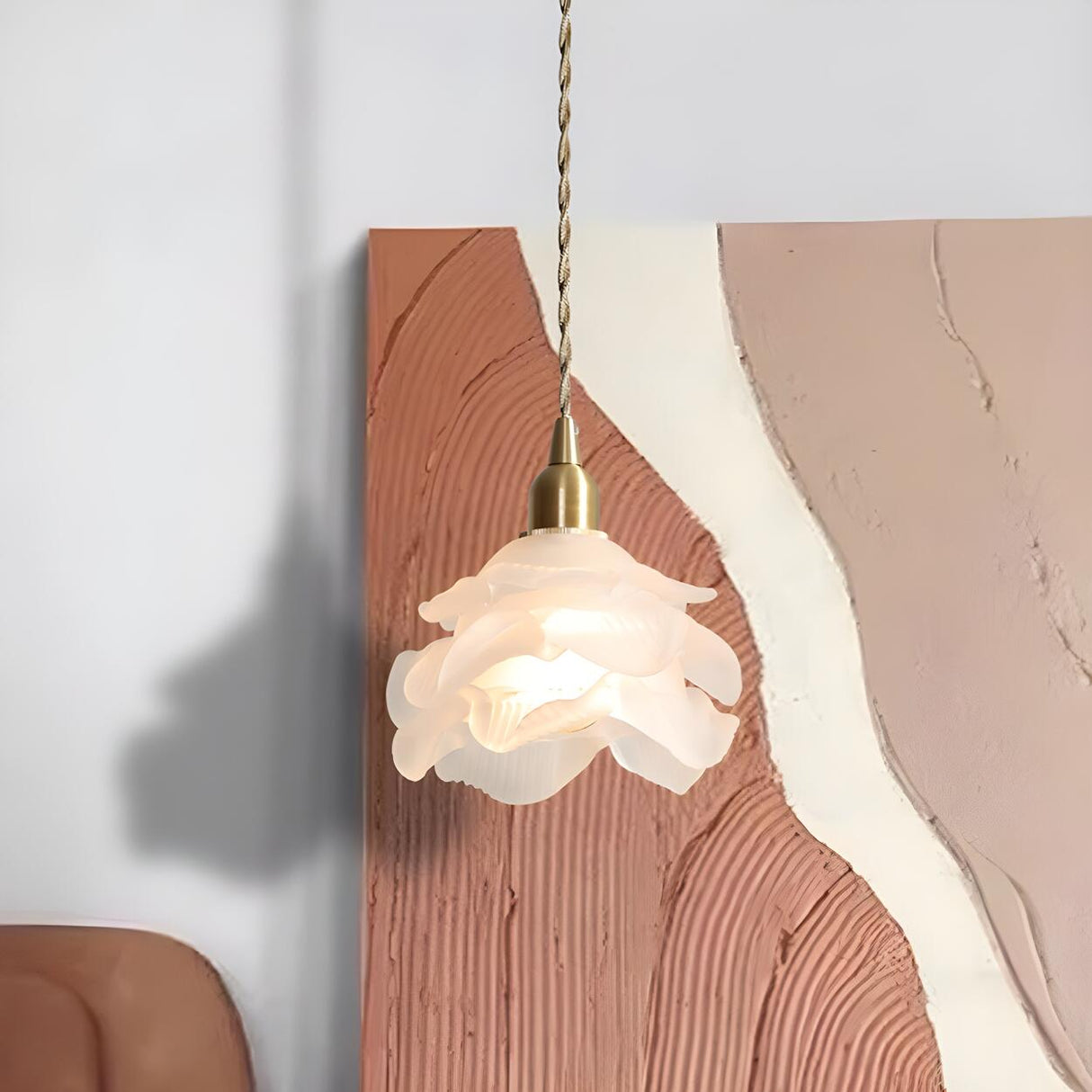 Vintage Brass Flower Frosted Glass Pendant Light Image - 10