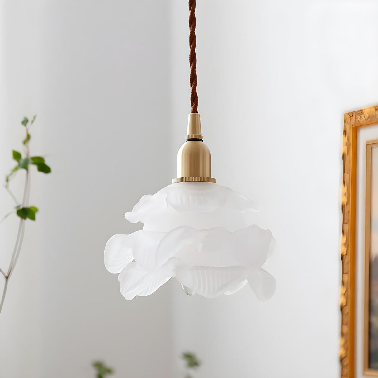 Vintage Brass Flower Frosted Glass Pendant Light Image - 3