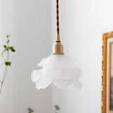 Vintage Brass Flower Frosted Glass Pendant Light Image - 3