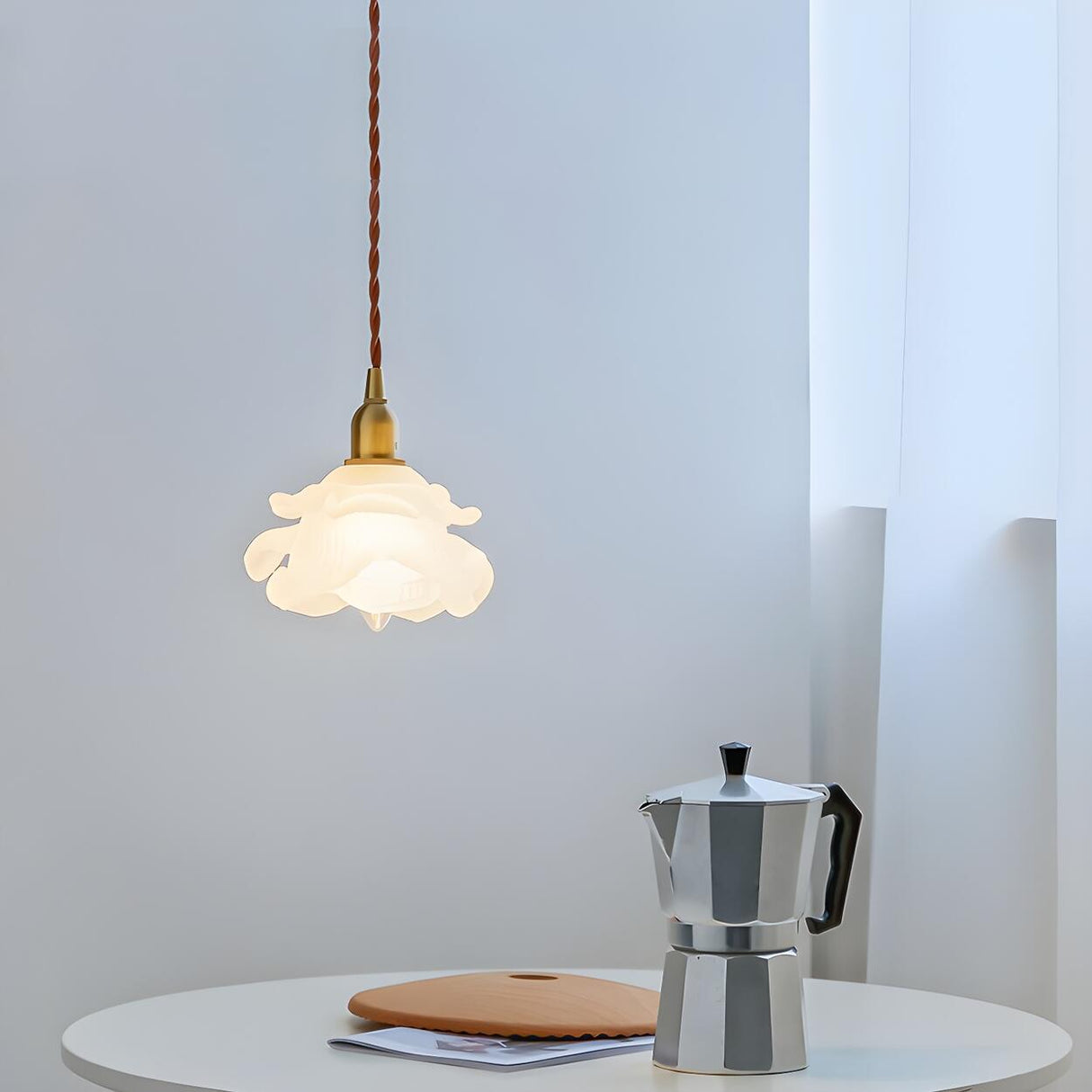 Vintage Brass Flower Frosted Glass Pendant Light Image - 4