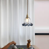 Vintage Brass Flower Gray Clear Glass Pendant Light Image - 12