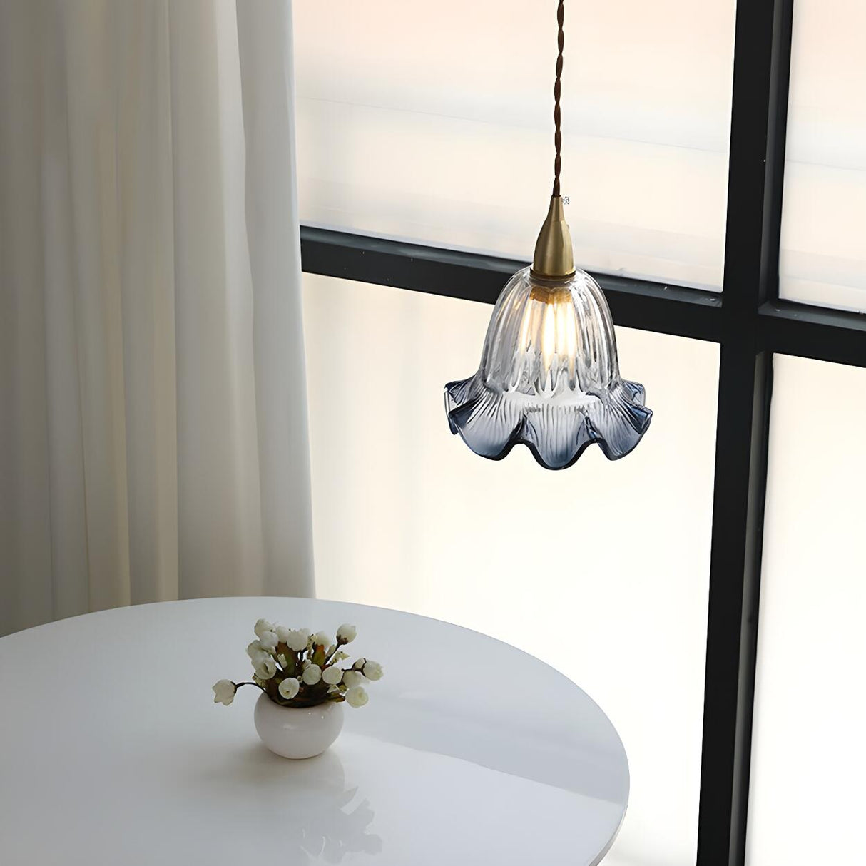 Vintage Brass Flower Gray Clear Glass Pendant Light Image - 13