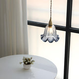Vintage Brass Flower Gray Clear Glass Pendant Light Image - 13