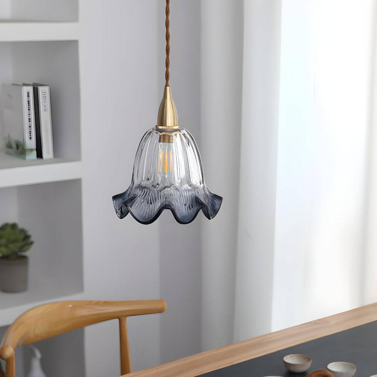 Vintage Brass Flower Gray Clear Glass Pendant Light Image - 4