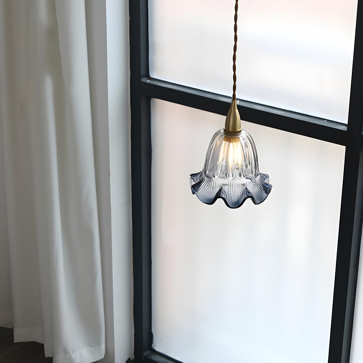 Vintage Brass Flower Gray Clear Glass Pendant Light Image - 5