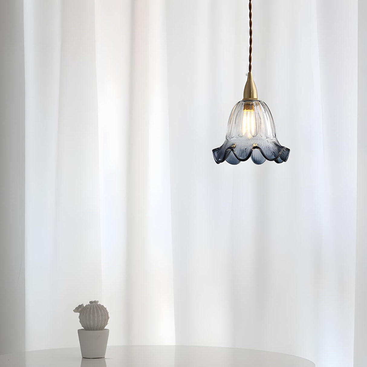 Vintage Brass Flower Gray Clear Glass Pendant Light Image - 6