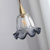 Vintage Brass Flower Gray Clear Glass Pendant Light Image - 8