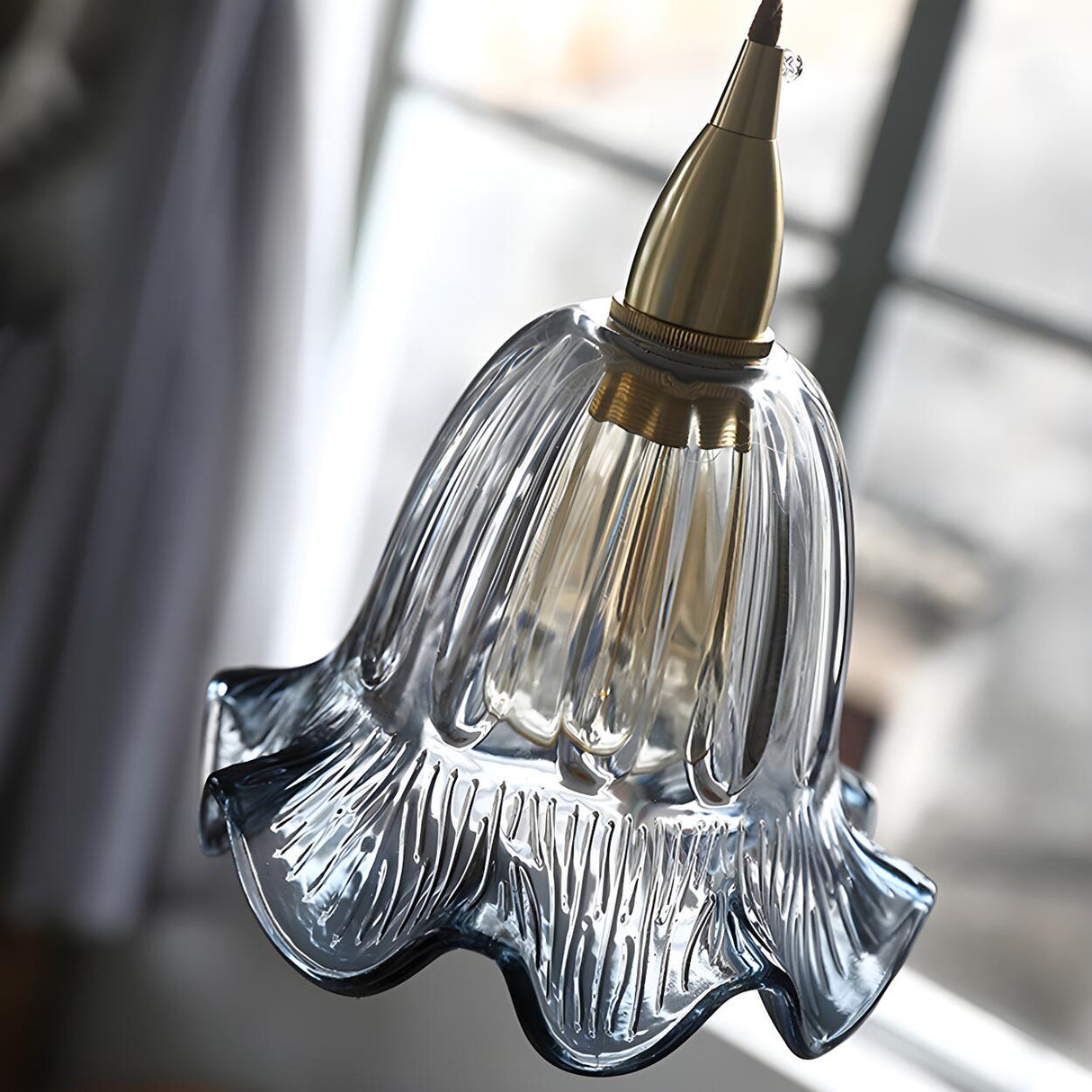 Vintage Brass Flower Gray Clear Glass Pendant Light Image - 9