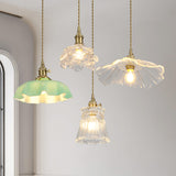 Vintage Brass Green Floral Glass Pendant Light Image - 1