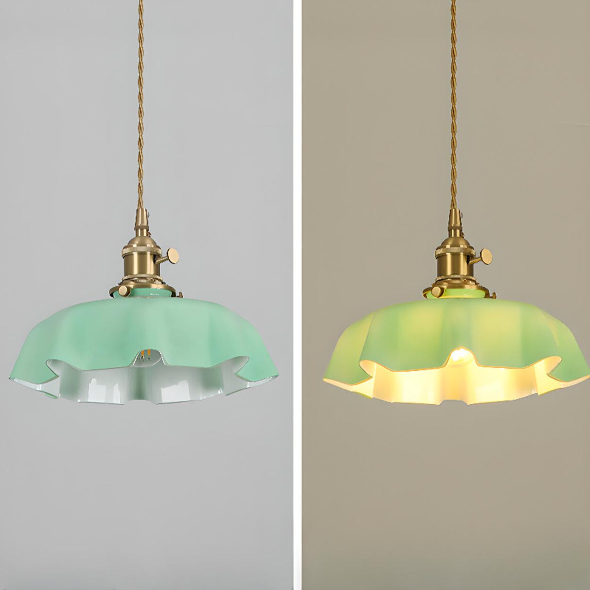 Vintage Brass Green Floral Glass Pendant Light Image - 10